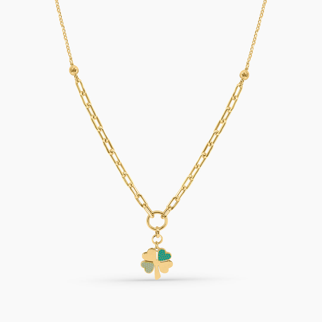 Gold Clover Necklace – Lucky Charm Pendant on Mixed Chain in 14k