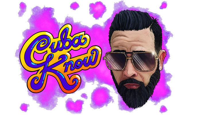 Person with sunglasses and 'Cuba Know' logo on a colorful background
