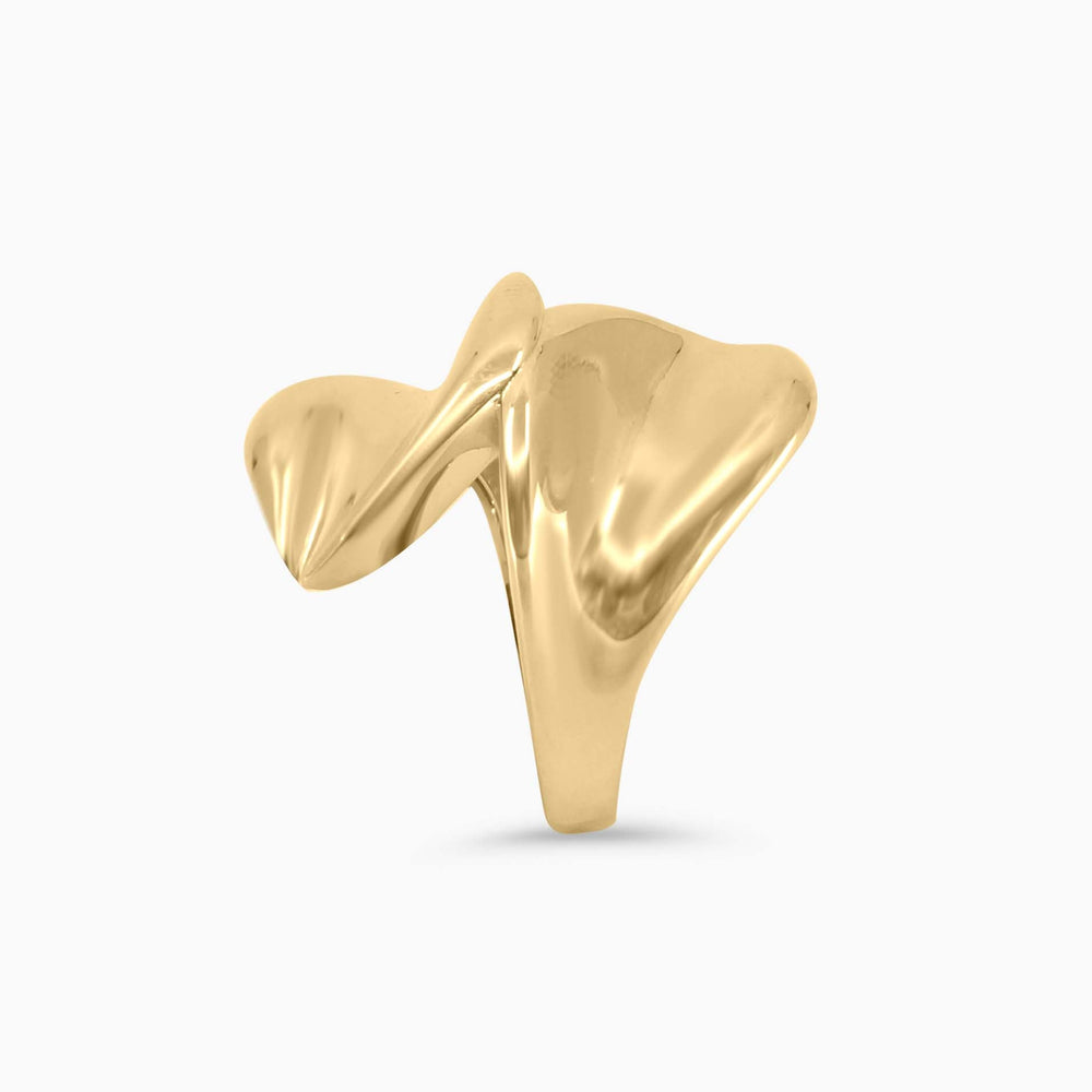 Gold ring with a unique design on a white background