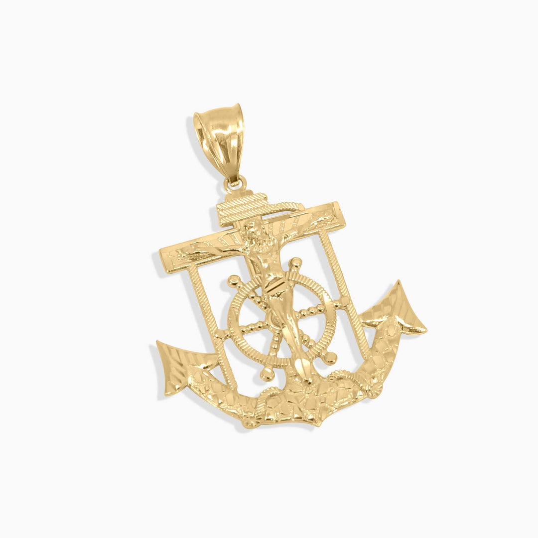 Gold anchor pendant on a white background