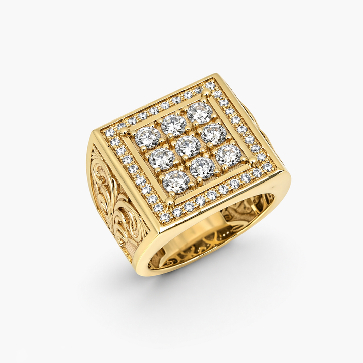Mens Fashion Ring 10K Yellow Gold Men’s Square Ring with Engraved Sides Pochy Jewelry in Miami