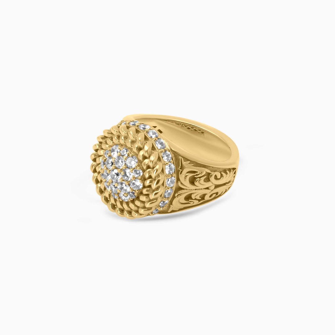 Gold Cluster Ring – Braided Border with Radiant Stones