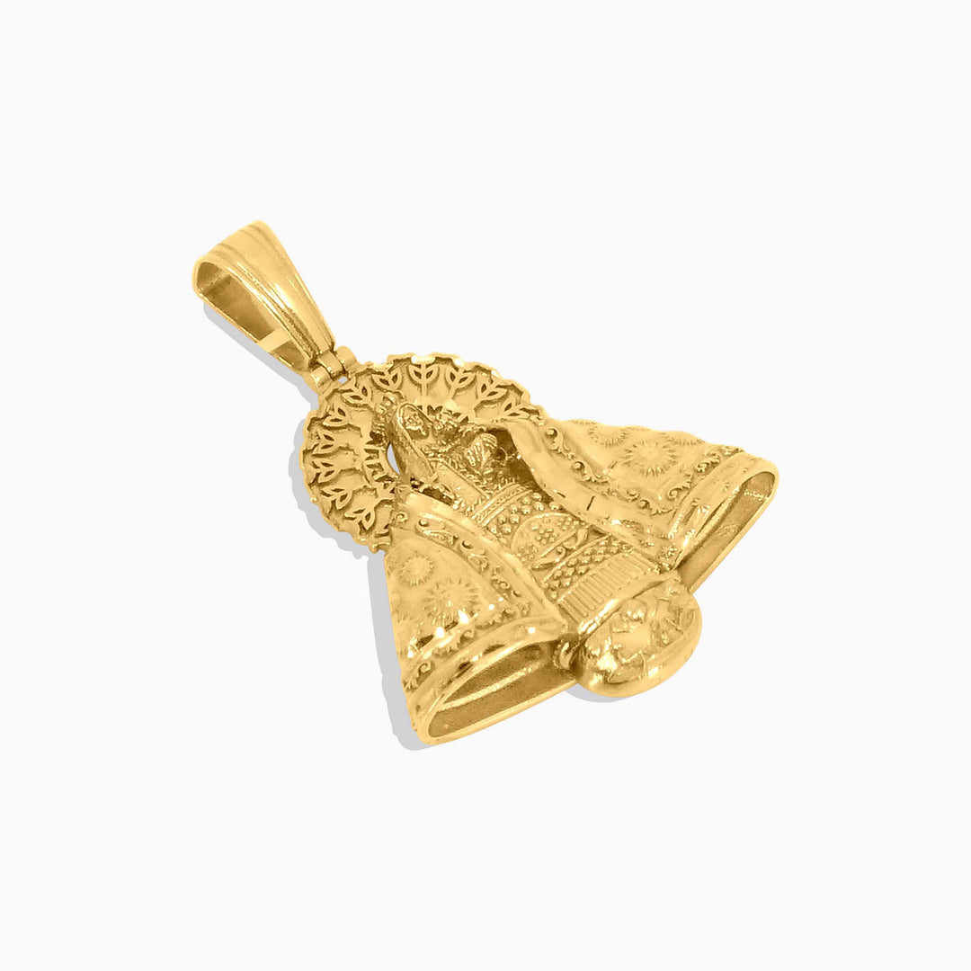 Gold Our Lady of el Cobre Pendant – Ornate Religious Design - Pochy Jewelry