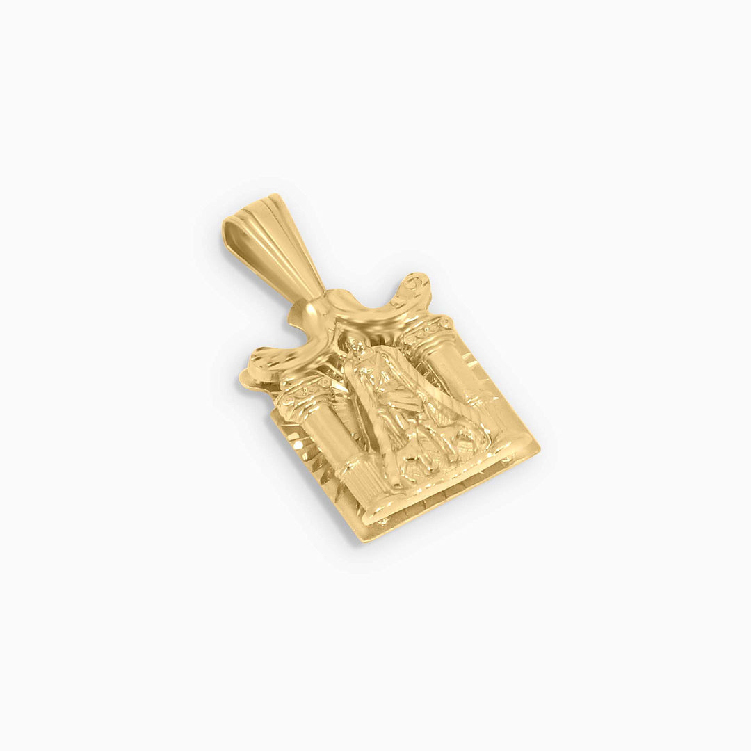 Gold Religious Column Pendant – Classical Temple Scene of St. Lazarus - Pochy Jewelry