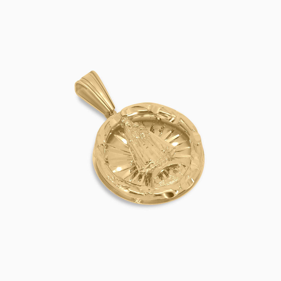 Gold Round Virgen of Cobre Pendant – Engraved Sunburst Frame - Pochy Jewelry