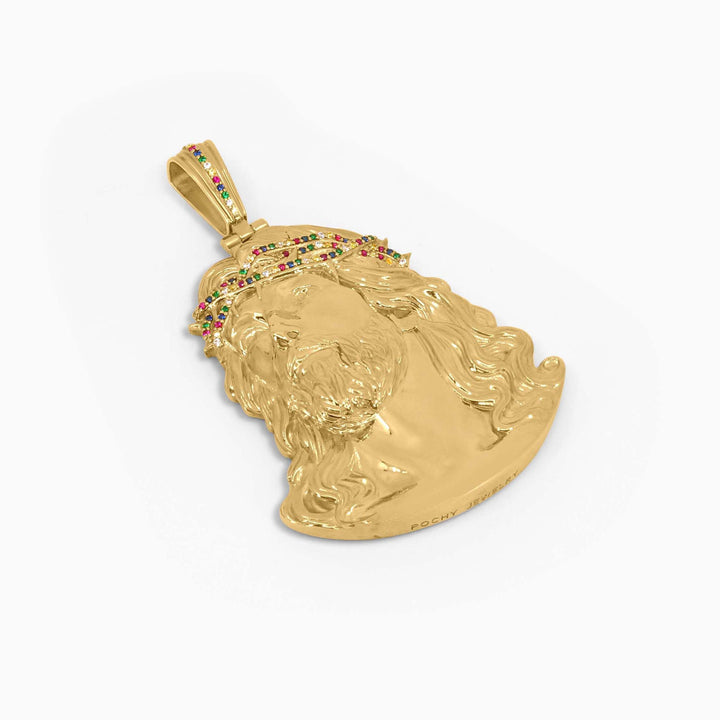 Gold Jesus Face Pendant – Multi-Color Crown Detail