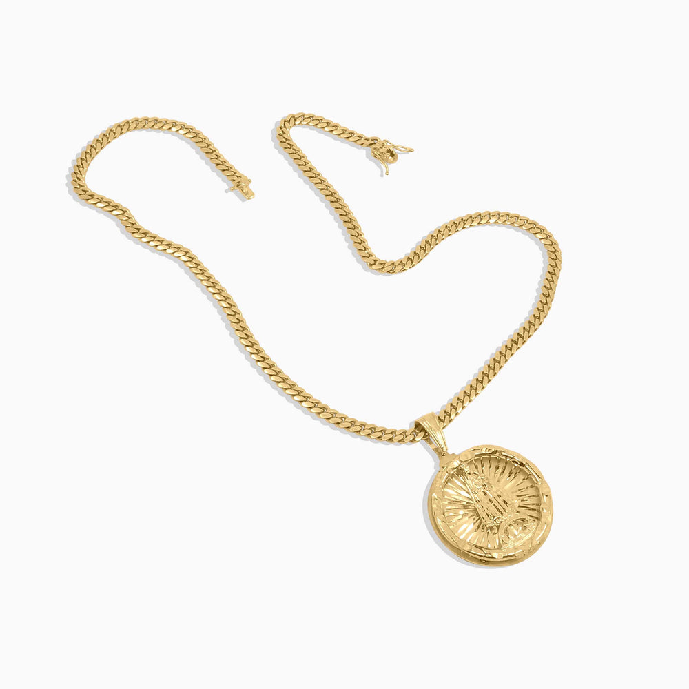Gold Round Virgen of Cobre Pendant – Engraved Sunburst Frame - Pochy Jewelry
