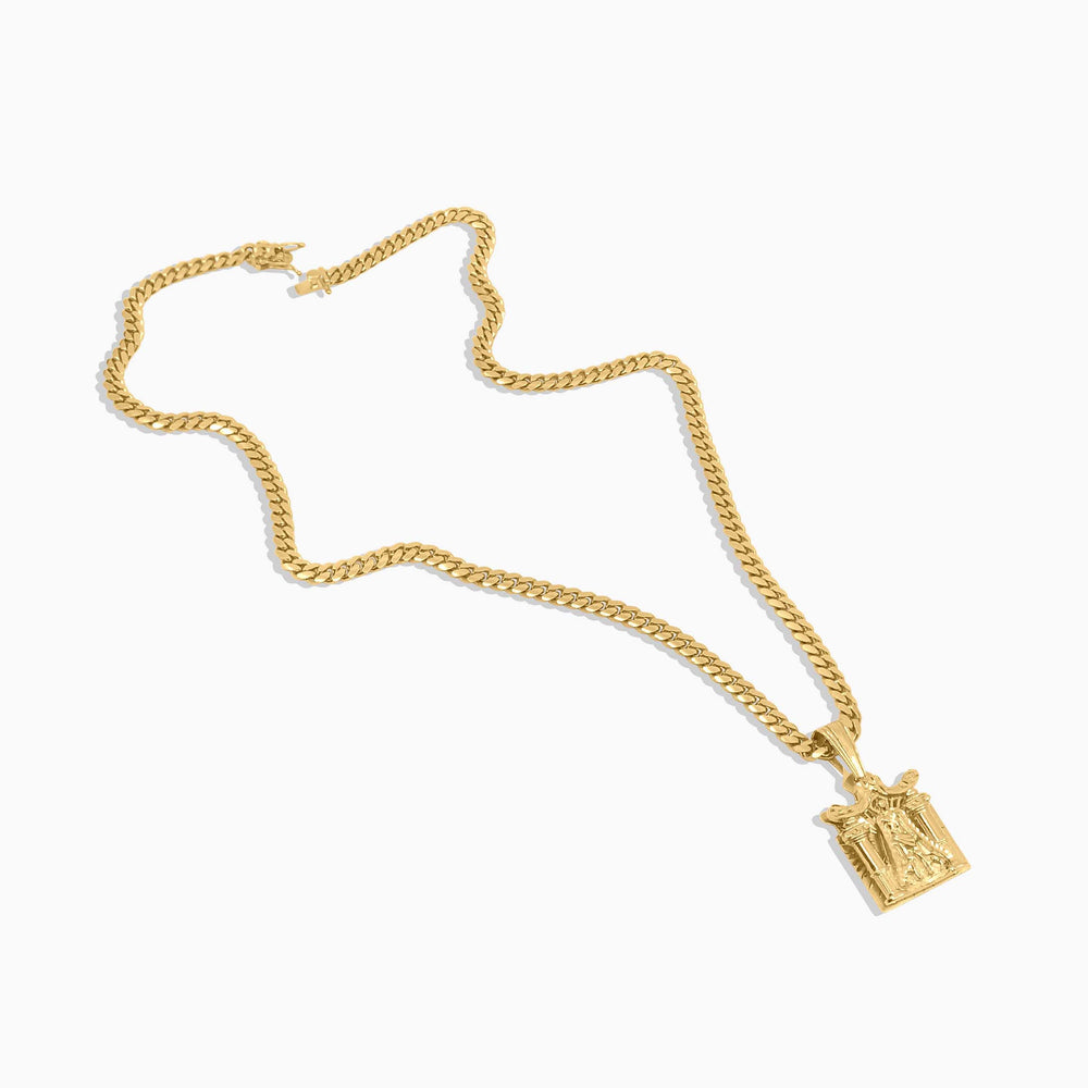 Gold Religious Column Pendant – Classical Temple Scene of St. Lazarus - Pochy Jewelry