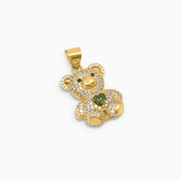 Gold Teddy Bear Pendant – Green Heart Accent in 14k - Pochy Jewelry