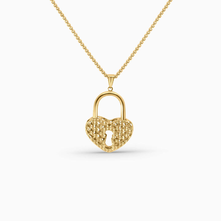 Gold Heart Lock Pendant – Textured Keyhole Design 14k - Pochy Jewelry