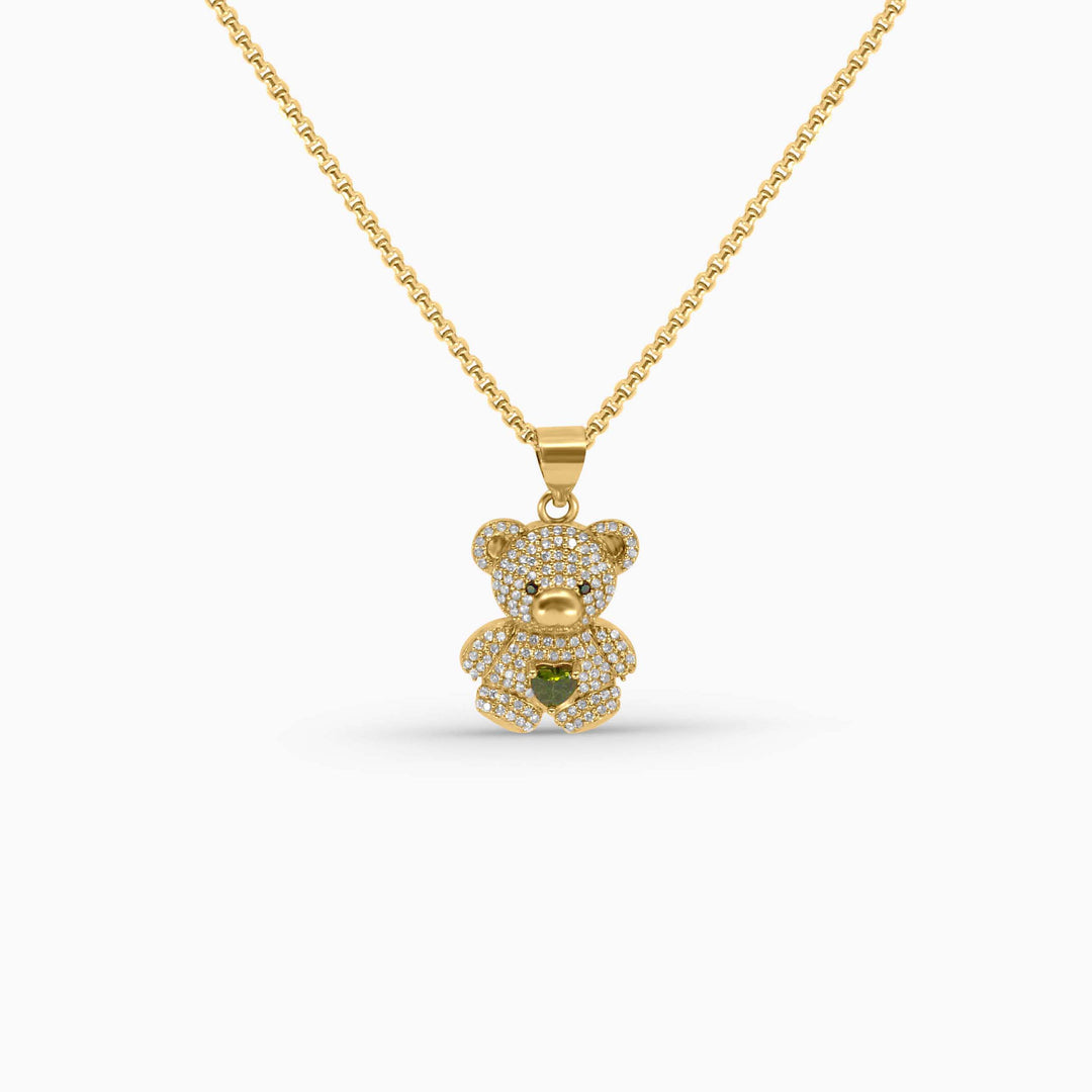 Gold Teddy Bear Pendant – Green Heart Accent in 14k - Pochy Jewelry