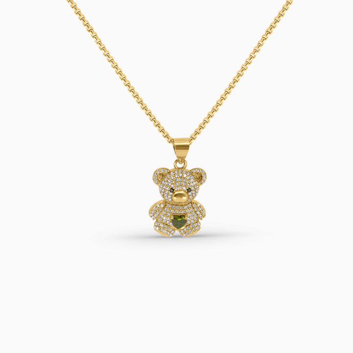 Gold Teddy Bear Pendant – Green Heart Accent in 14k - Pochy Jewelry