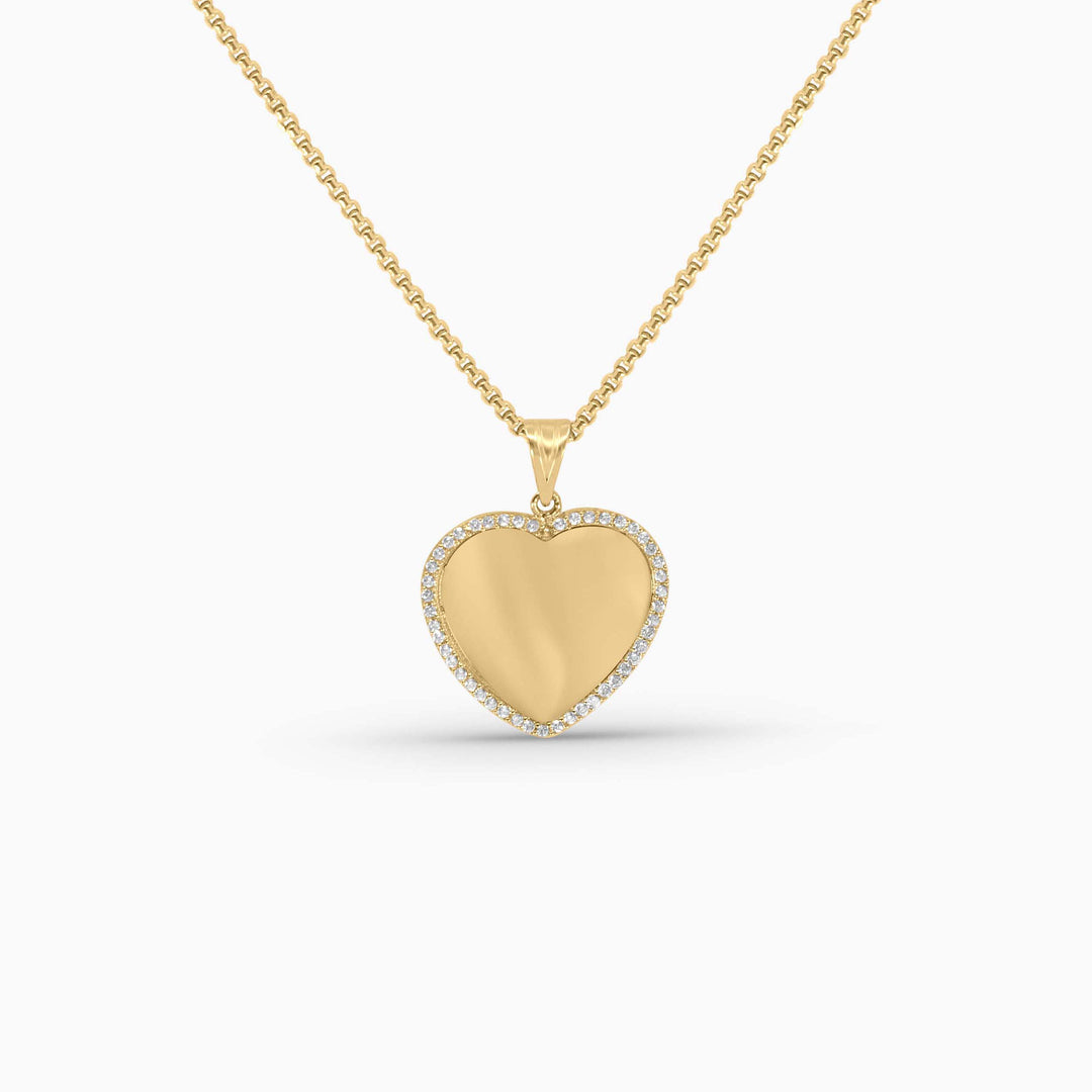 Gold Heart Pendant – Engravable or Picture with Stone Border in 14k - Pochy Jewelry