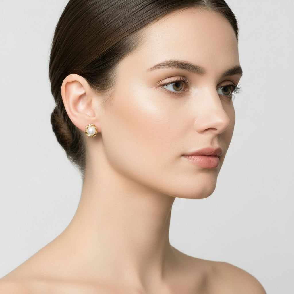 14K Gold Pearl Knot Stud Earrings