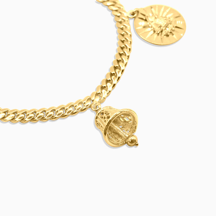 10K Gold Women’s Cuban Link Charm Bracelet – Bells & Virgin Mary Sunburst Medallions