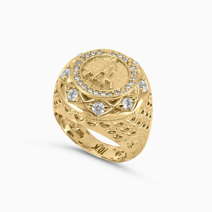 Mens Fashion Ring Round Cluster Gold Ring with St. Lazarus in 10K Pochy Jewelry in Miami