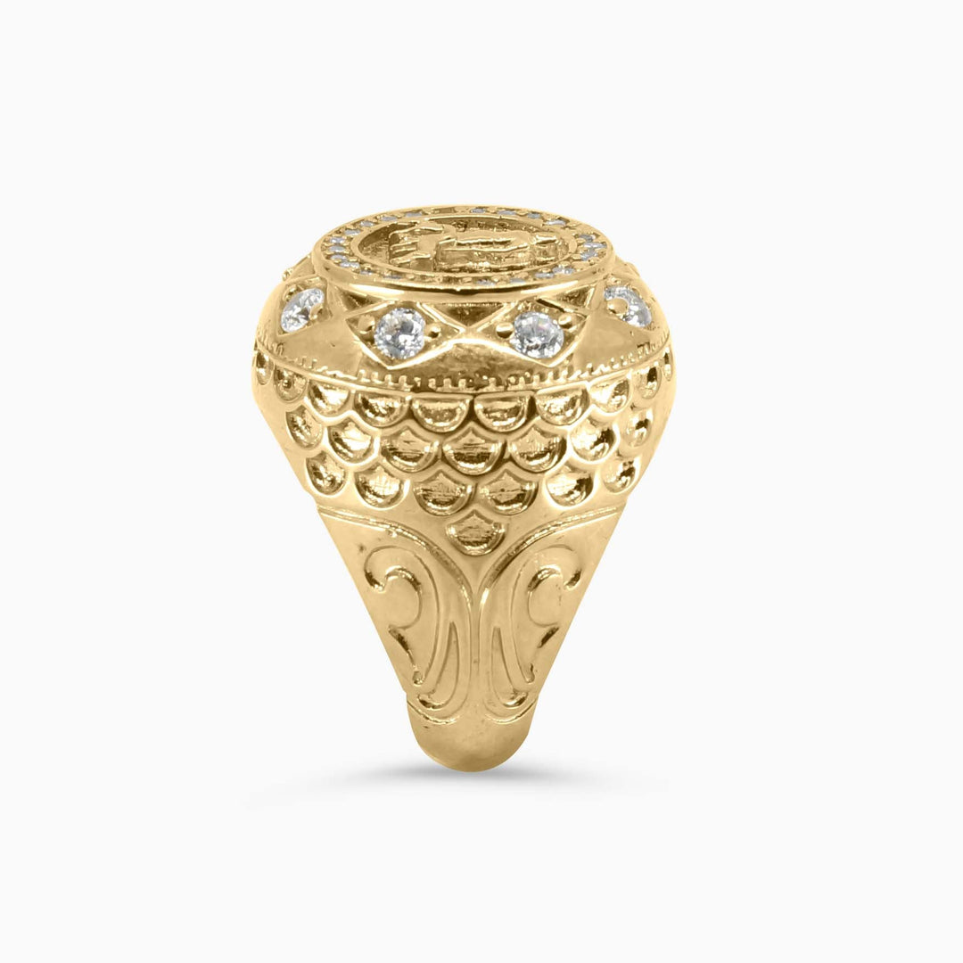 Mens Fashion Ring Round Cluster Gold Ring with St. Lazarus in 10K Pochy Jewelry in Miami