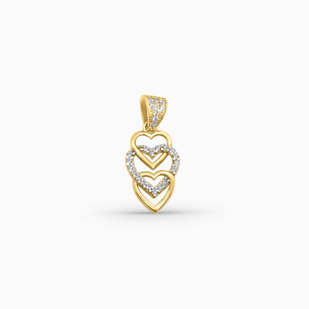 Gold pendant with heart designs on a white background