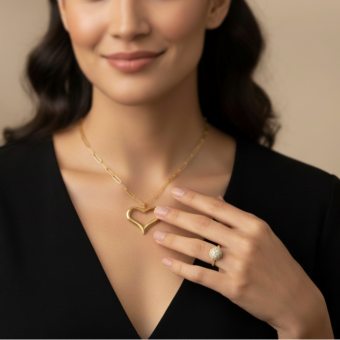 Woman wearing a gold necklace and ring against a beige background