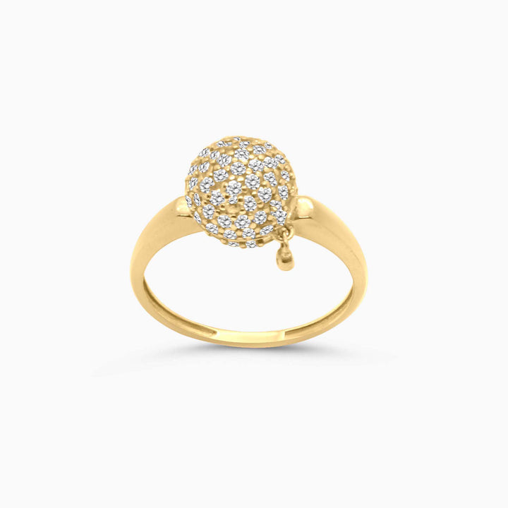Gold ring with a spherical diamond cluster on a white background