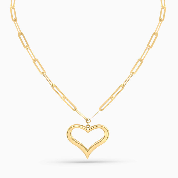 10K Gold Open Heart Pendant Paperclip Necklace