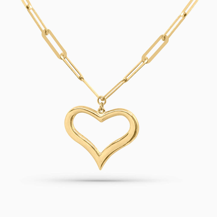 10K Gold Open Heart Pendant Paperclip Necklace