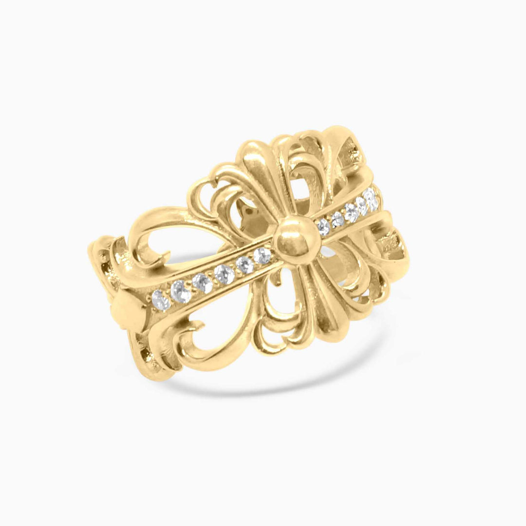 Gold ring with diamond accents on a white background