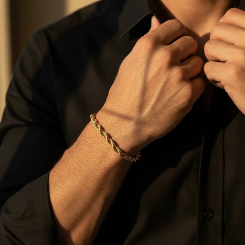 Men's Bracelet 10K Yellow Gold Rope Bracelet Pochy Jewelry in Miami