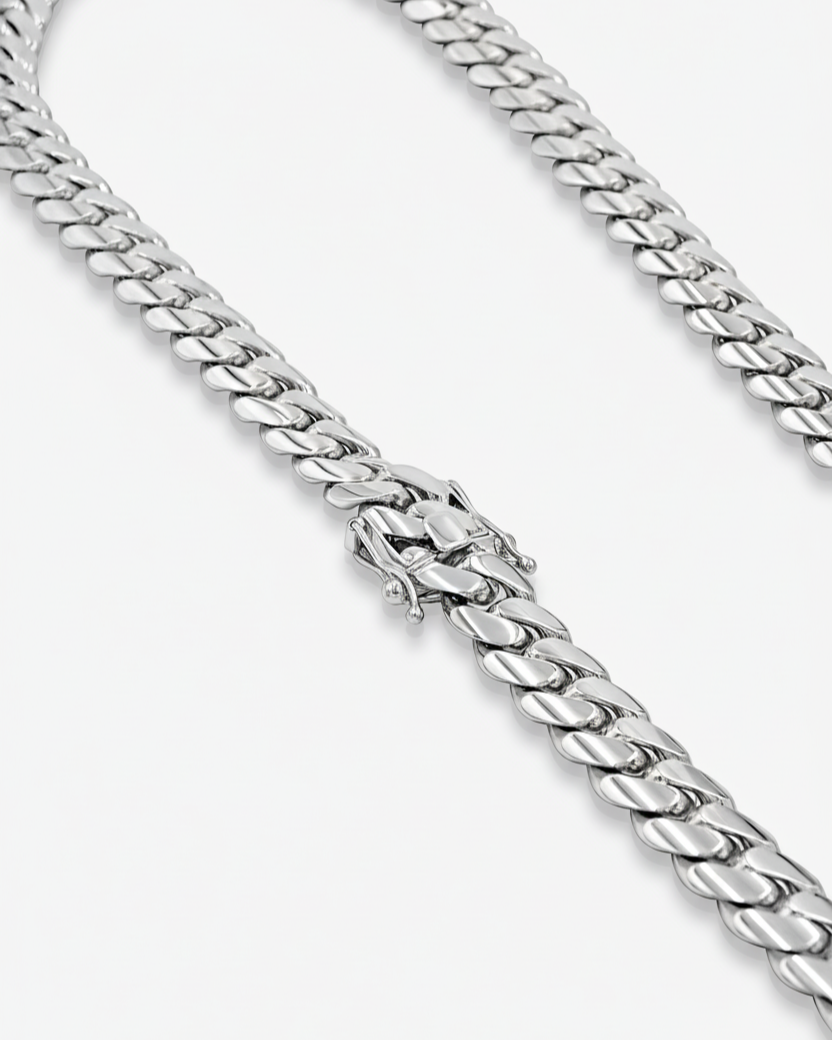 Silver chain necklace on a white background