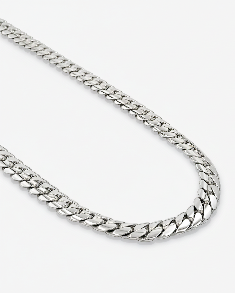 Silver chain necklace on a white background