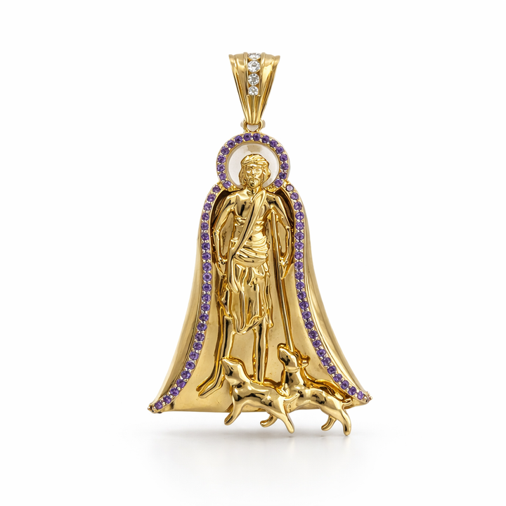 Pendants 10K Gold Saint Lazarus Pendant with Purple Stones Pochy Jewelry in Miami