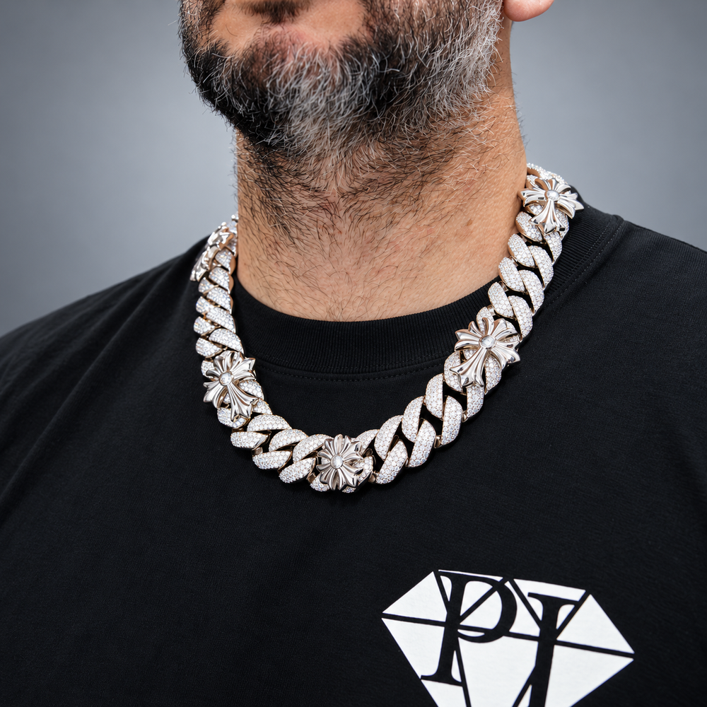 Ice Cuban Link Cross Motif Moissanite Cuban Link Chain in .925 Sterling Silver Pochy Jewelry in Miami