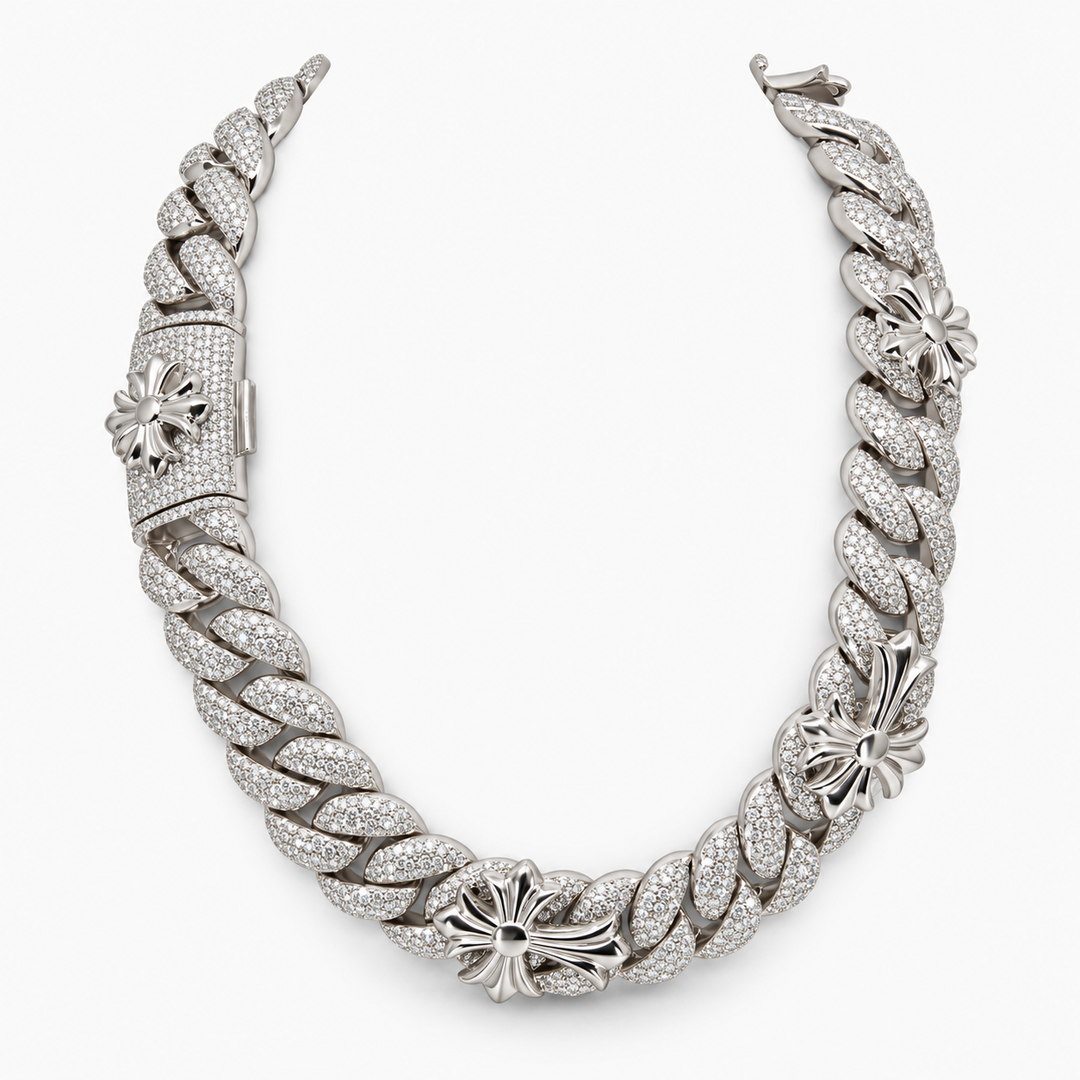 Ice Cuban Link Cross Motif Moissanite Cuban Link Chain in .925 Sterling Silver Pochy Jewelry in Miami