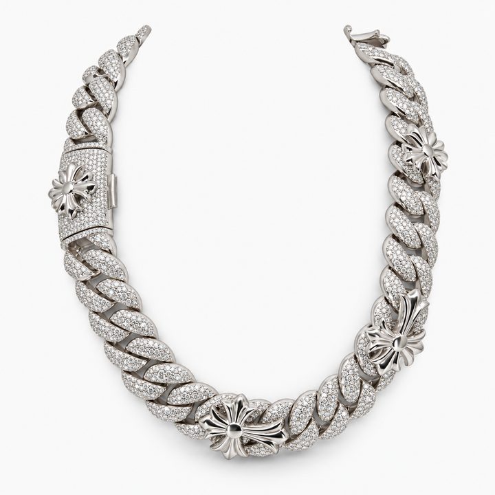 Ice Cuban Link Cross Motif Moissanite Cuban Link Chain in .925 Sterling Silver Pochy Jewelry in Miami