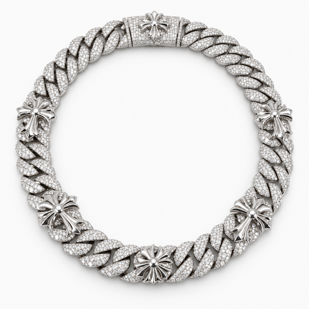 Ice Cuban Link Cross Motif Moissanite Cuban Link Chain in .925 Sterling Silver Pochy Jewelry in Miami