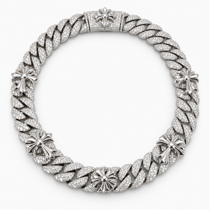 Ice Cuban Link Cross Motif Moissanite Cuban Link Chain in .925 Sterling Silver Pochy Jewelry in Miami