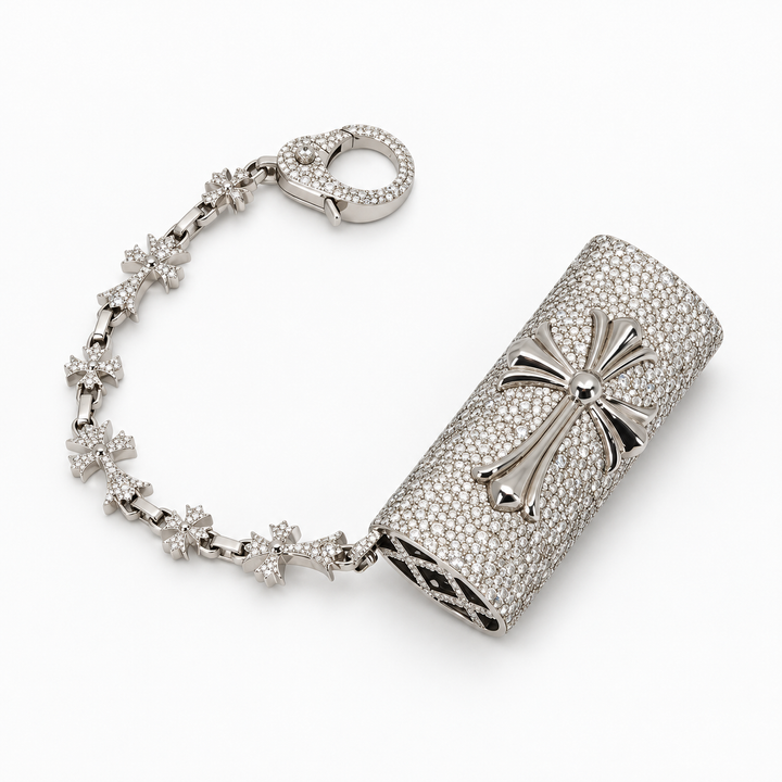 Ice Jewelry Cross Moissanite Lighter Holder with Chain in .925 Sterling Silver Pochy Jewelry in Miami