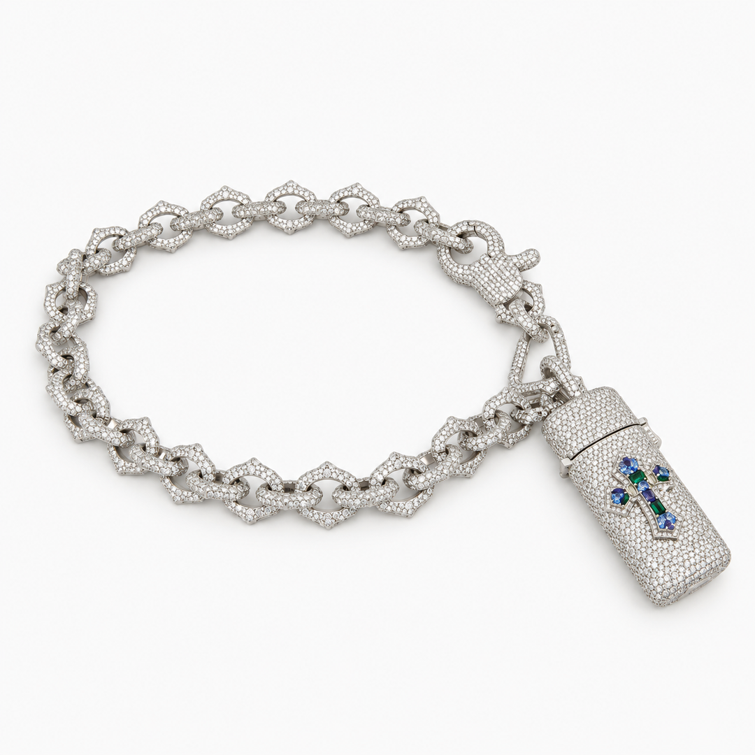 Ice Jewelry Multicolor Stone Cross Moissanite Lighter Holder with 18mm Chain in .925 Sterling Silver Pochy Jewelry in Miami