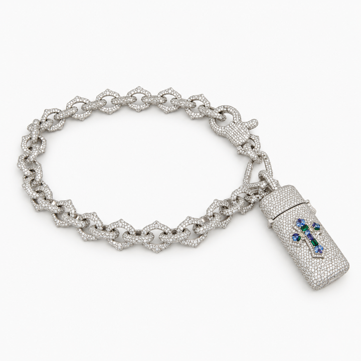 Ice Jewelry Multicolor Stone Cross Moissanite Lighter Holder with 18mm Chain in .925 Sterling Silver Pochy Jewelry in Miami