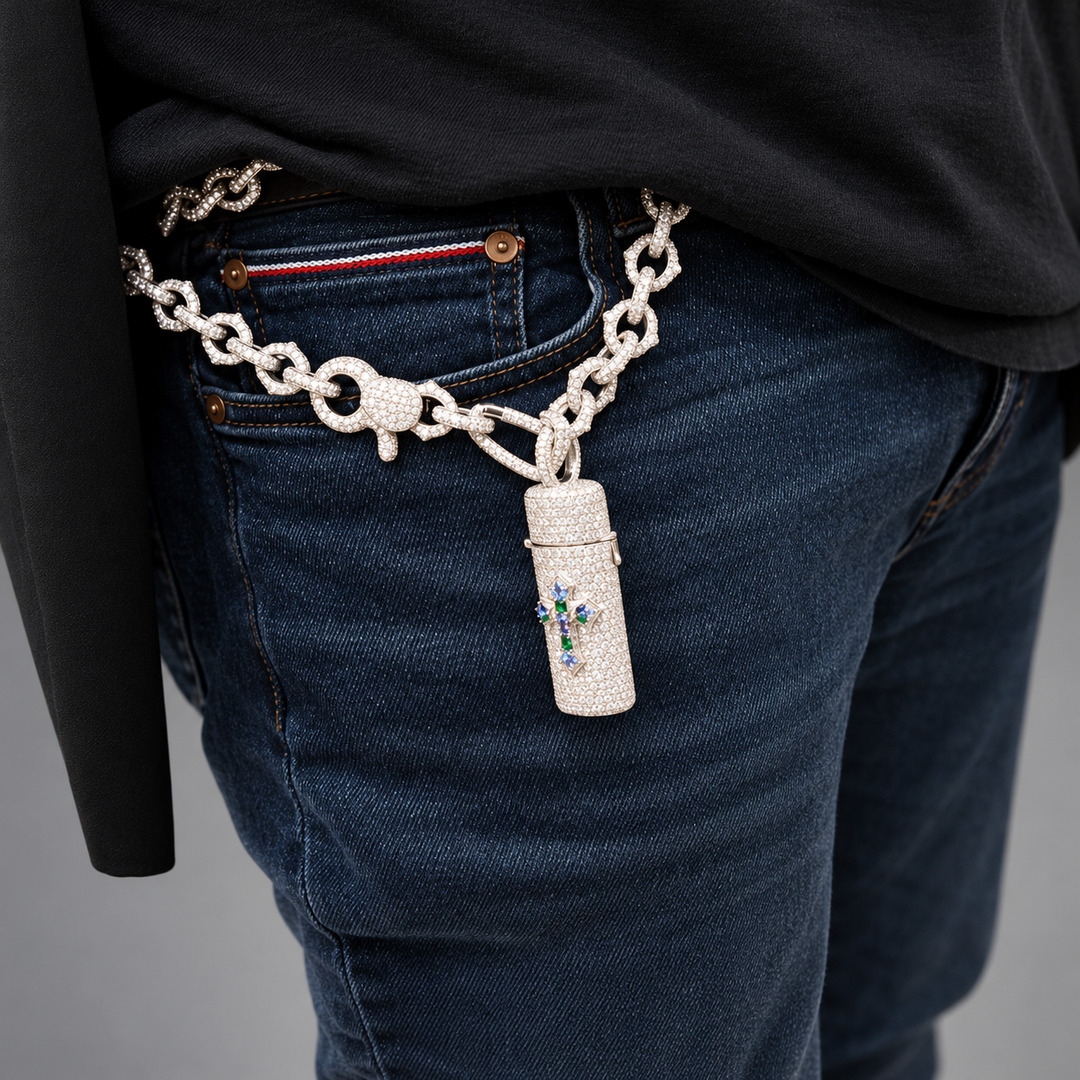 Ice Jewelry Multicolor Stone Cross Moissanite Lighter Holder with 18mm Chain in .925 Sterling Silver Pochy Jewelry in Miami