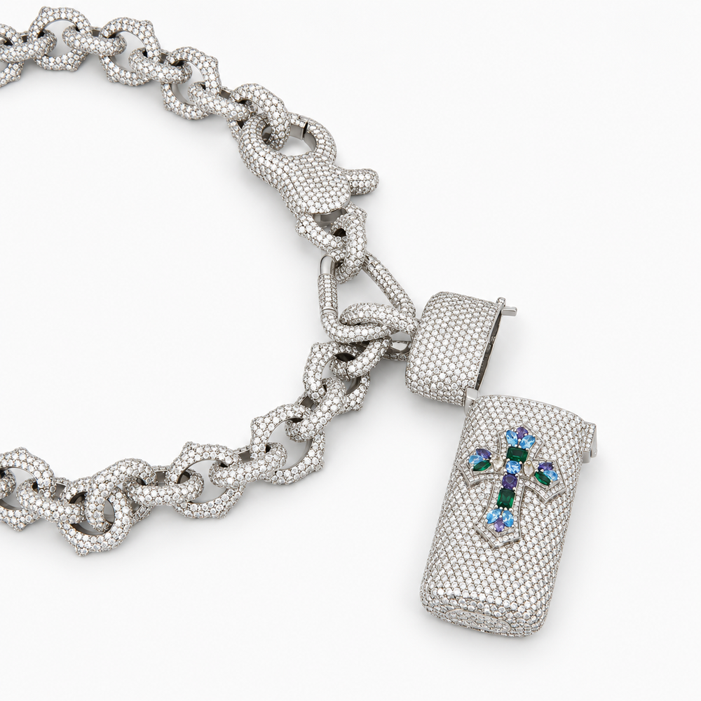 Ice Jewelry Multicolor Stone Cross Moissanite Lighter Holder with 18mm Chain in .925 Sterling Silver Pochy Jewelry in Miami
