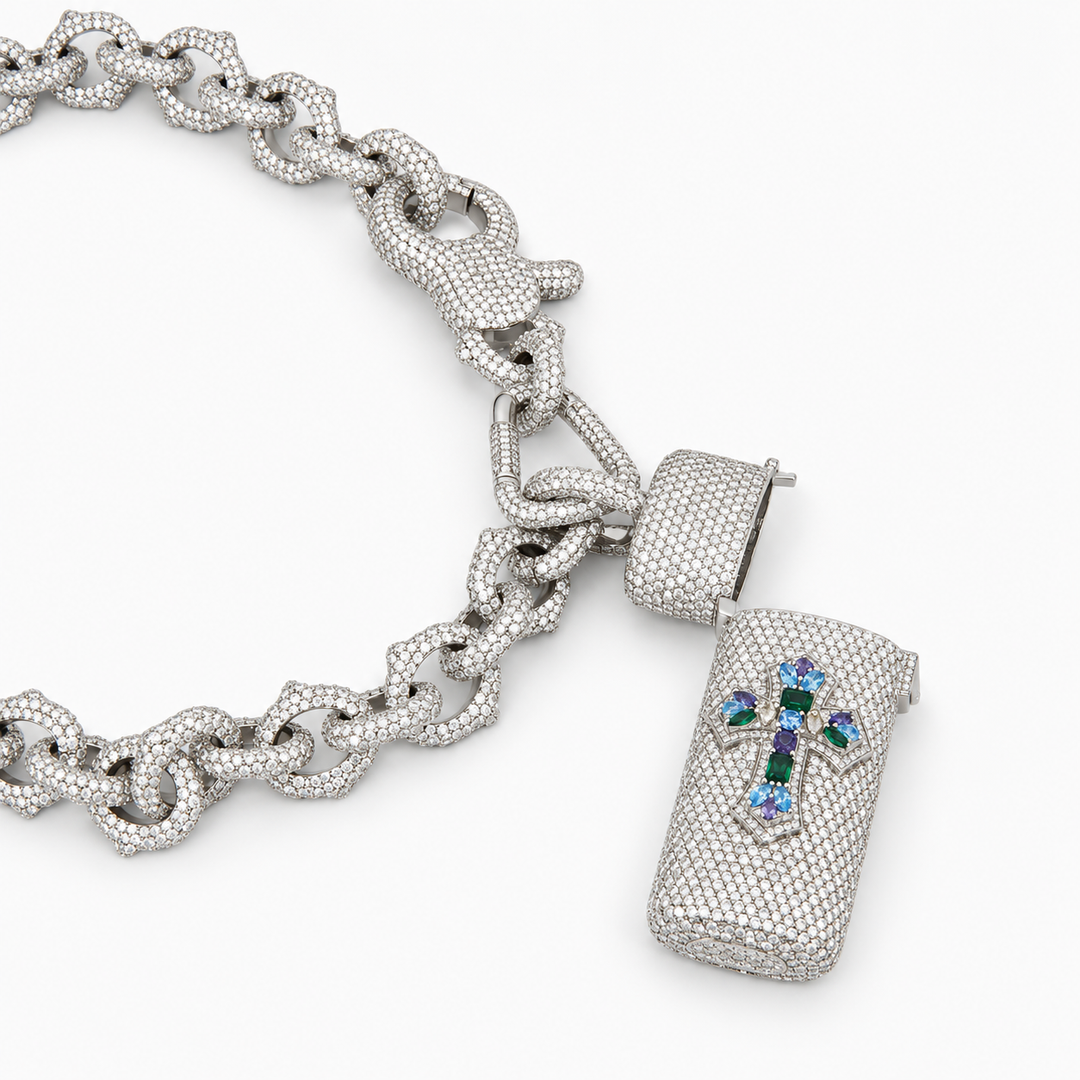 Ice Jewelry Multicolor Stone Cross Moissanite Lighter Holder with 18mm Chain in .925 Sterling Silver Pochy Jewelry in Miami