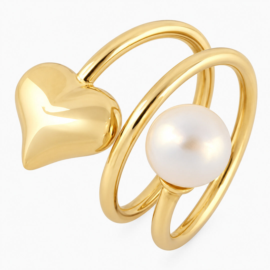 Women's Ring 10K Yellow Gold Heart and White Bead Open Ring Pochy Jewelry in Miami