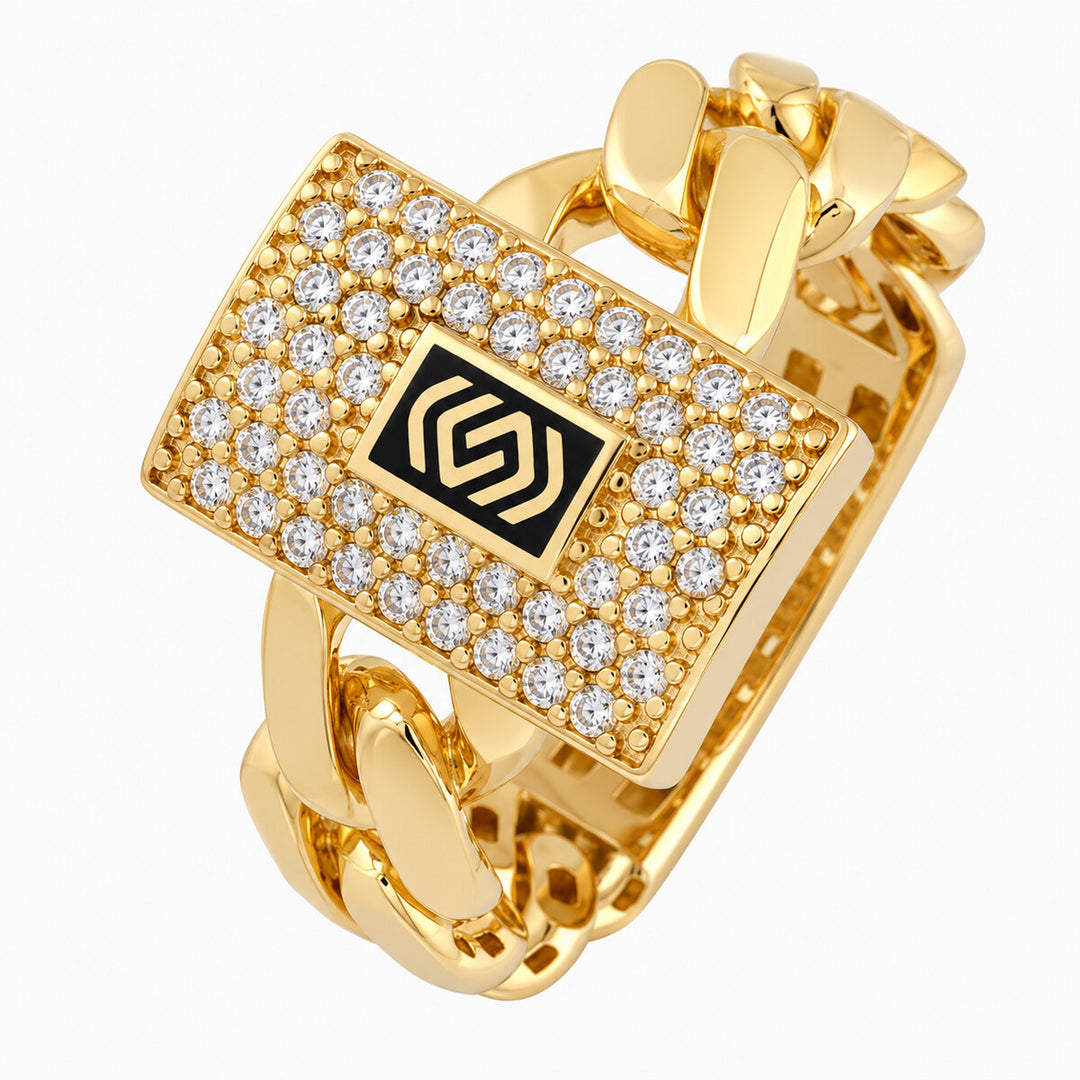 Mens Fashion Ring 10K Yellow Gold Men's Geometric Black Accent CZ Ring Pochy Jewelry in Miami