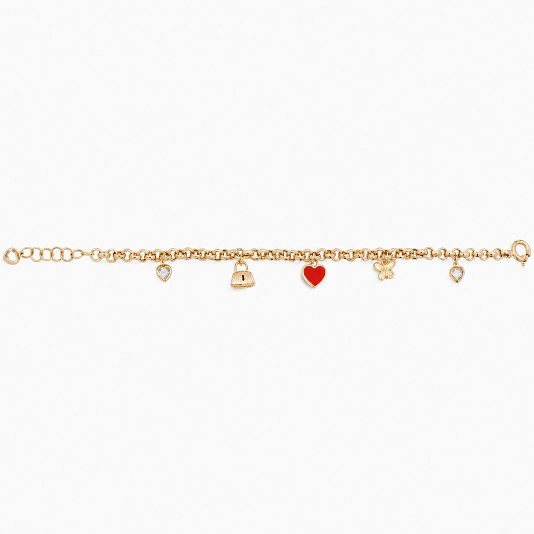 Women's Bracelet 10K Yellow Gold Red Heart Lucky Charm Bracelet Pochy Jewelry in Miami