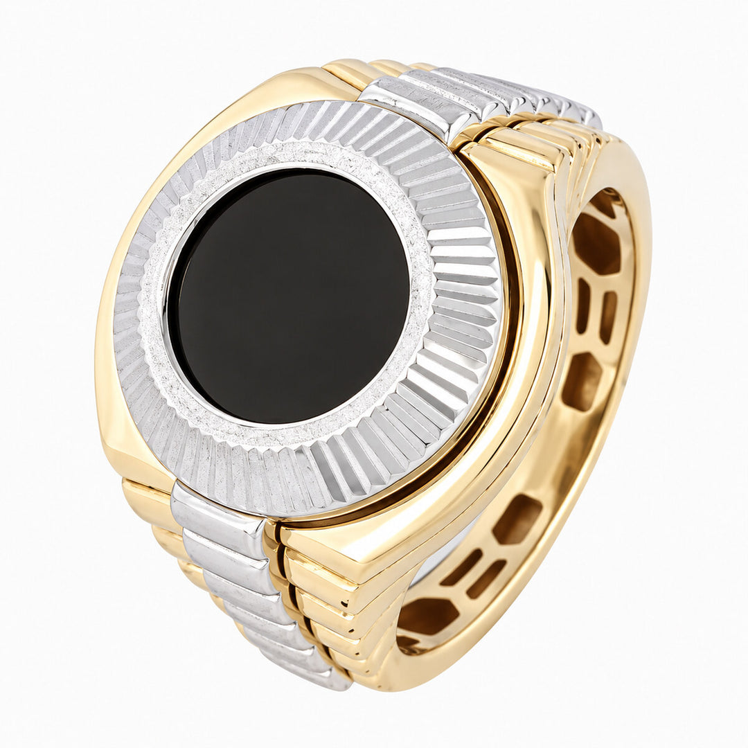 Mens Fashion Ring 10K Yellow Gold Men's Oval Black Accent Signet Ring Pochy Jewelry in Miami