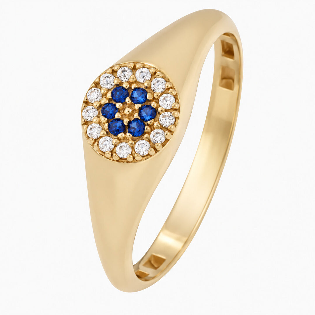 Women's Ring 10K Yellow Gold Blue CZ Halo Ring Pochy Jewelry in Miami