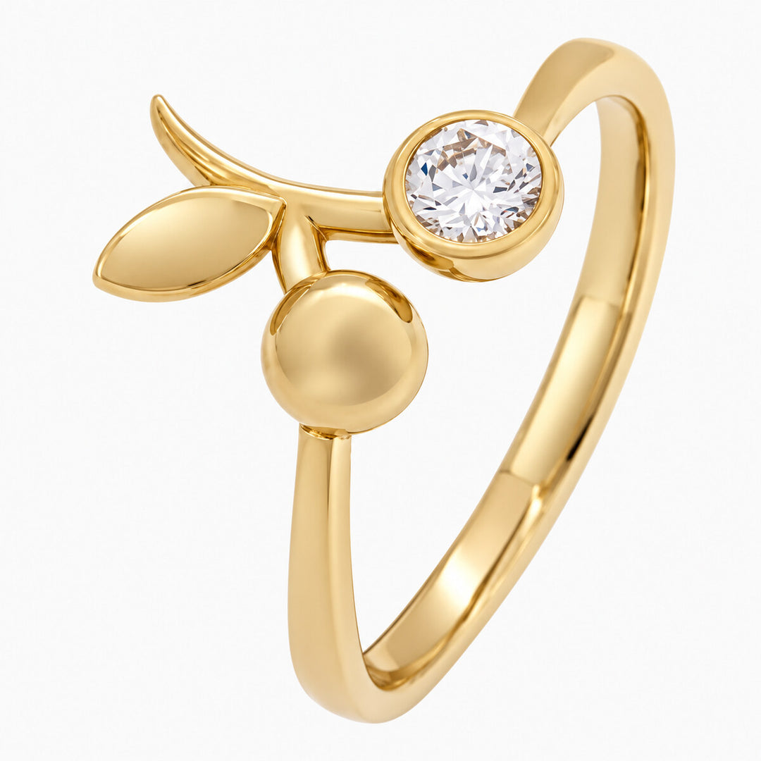 Women's Ring 10K Yellow Gold Leaf and Round CZ Open Ring Pochy Jewelry in Miami