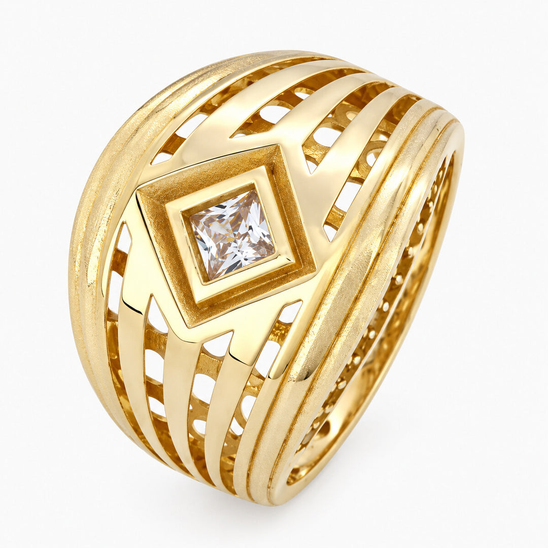 Women's Ring 10K Yellow Gold Geometric Openwork CZ Ring Pochy Jewelry in Miami