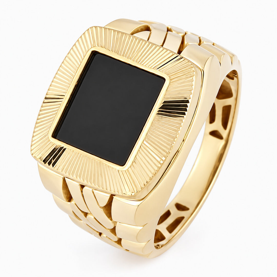 Mens Fashion Ring 10K Yellow Gold Men's Rectangular Black Accent Signet Ring Pochy Jewelry in Miami